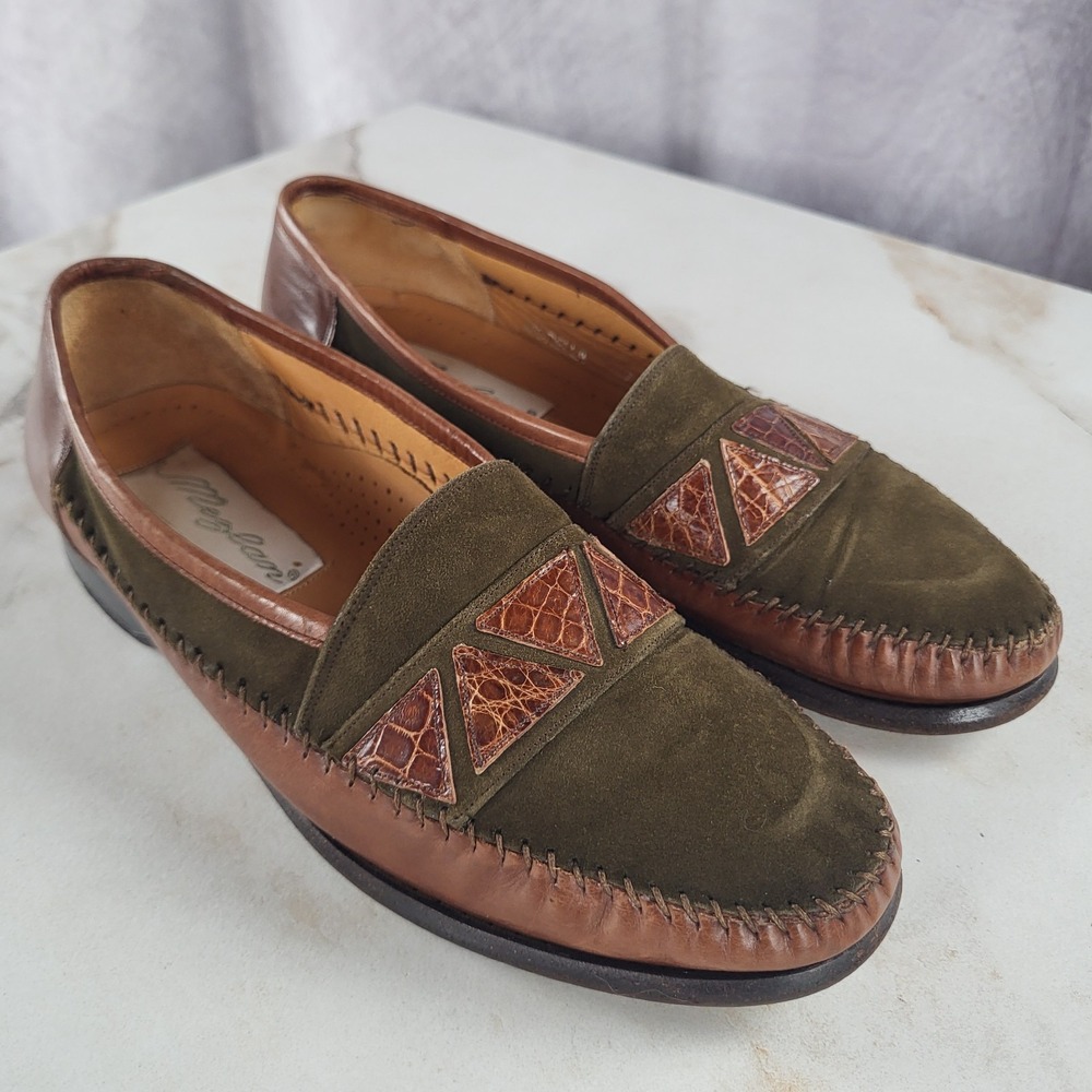 MEZLAN MORELLA  Size 7 M Men's Suede Leather & Crocodile Loafers Olive